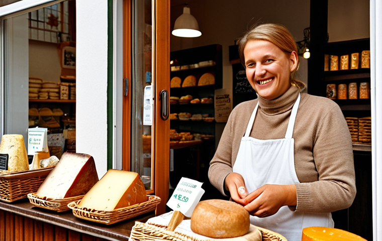 **Image:** A cozy scene inside a local *Feinkostladen* (delicatessen) in a German neighborhood. A friendly shop owner is smiling and handing a customer a carefully wrapped selection of cheeses and freshly baked bread. Sunlight streams in through the window.
    **Prompt:** "Warm, inviting interior of a German *Feinkostladen*. Focus on the personal connection between the owner and customer. Soft, golden light. Emphasize quality and authenticity."