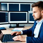 A professional brand communications manager, a male subject in a modest business suit, sitting at a modern, organized office desk with a laptop and a single, focused document. The background subtly shows a blur of previous digital chaos (multiple screens, notifications), transitioning to a clear, calm workspace reflecting strategic prioritization. The subject has a confident, focused expression, demonstrating efficient time management. The image is a professional photograph, fully clothed, appropriate attire, safe for work, perfect anatomy, correct proportions, natural pose, well-formed hands, proper finger count, natural body proportions, professional, family-friendly.