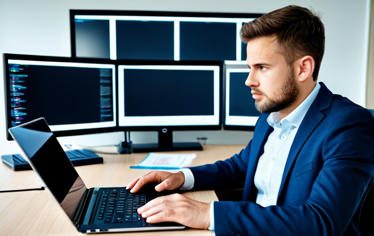 A professional brand communications manager, a male subject in a modest business suit, sitting at a modern, organized office desk with a laptop and a single, focused document. The background subtly shows a blur of previous digital chaos (multiple screens, notifications), transitioning to a clear, calm workspace reflecting strategic prioritization. The subject has a confident, focused expression, demonstrating efficient time management. The image is a professional photograph, fully clothed, appropriate attire, safe for work, perfect anatomy, correct proportions, natural pose, well-formed hands, proper finger count, natural body proportions, professional, family-friendly.