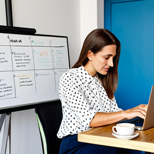 Freelancer at Work**

"A dedicated freelancer, a woman in her late 30s, wearing a stylish yet modest blouse and comfortable trousers, working on a laptop at a bright, modern co-working space in Berlin. The scene should depict focused concentration, with a cup of Kaffee Latte nearby.  Include a whiteboard with marketing strategies scribbled on it in the background. The style should be professional photography, high resolution, perfect anatomy, correct proportions, natural pose, well-formed hands, proper finger count, safe for work, appropriate content, fully clothed, professional, family-friendly."

**