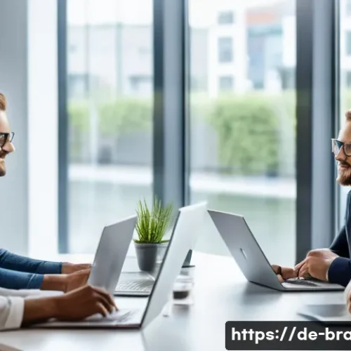 브랜드 커뮤니케이션과 효과적인 팀 관리 - A modern German office scene showing a diverse team of professionals engaged in an open discussion a...