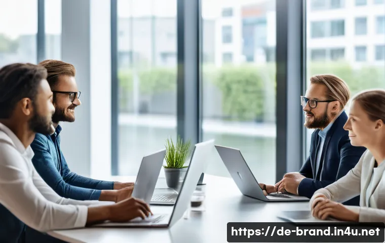 브랜드 커뮤니케이션과 효과적인 팀 관리 - A modern German office scene showing a diverse team of professionals engaged in an open discussion a...